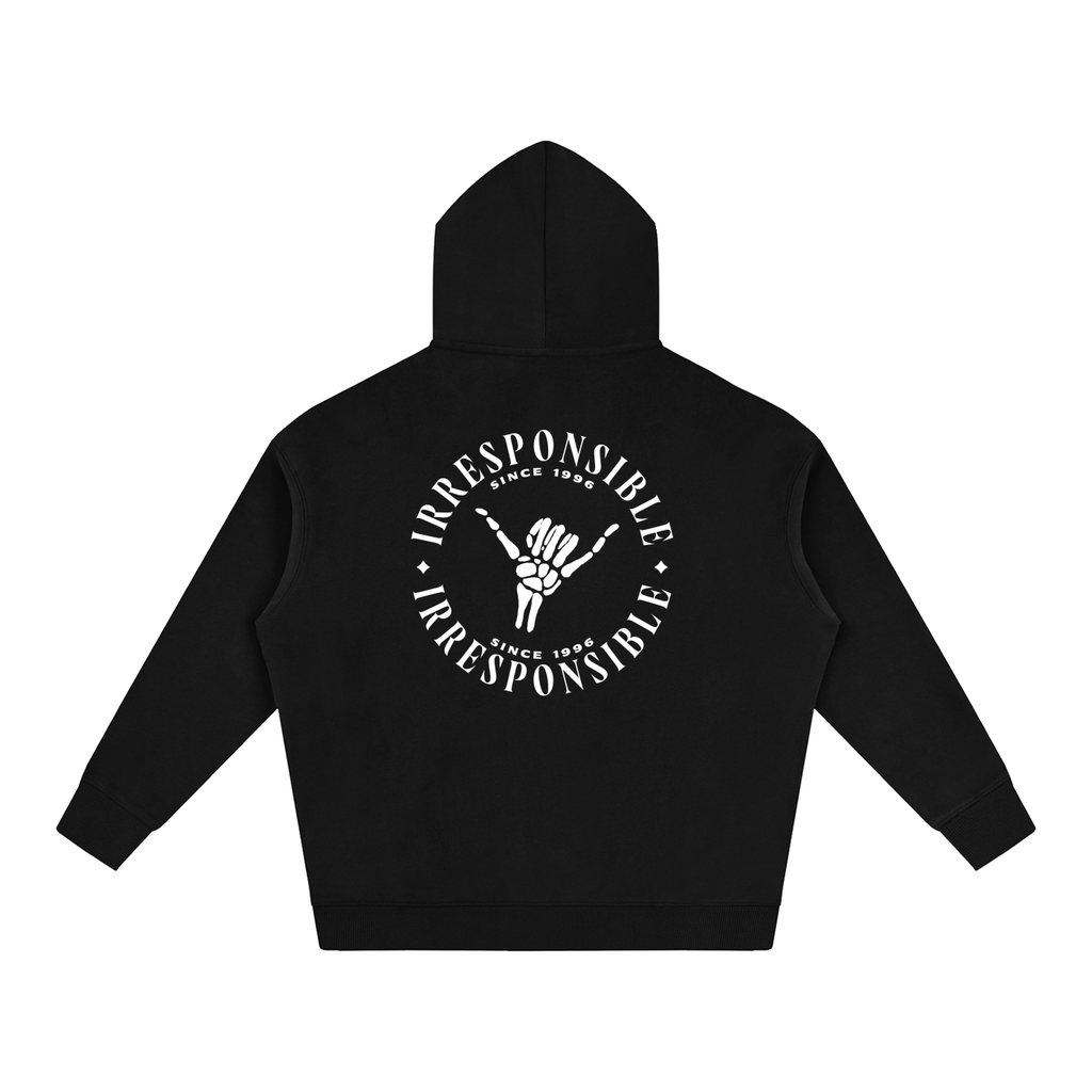 A black pullover hoodie shown from the back, featuring a large white circular graphic with a raised fist and the text 'IRRESPONSIBLE SINCE 1996' printed across the center.