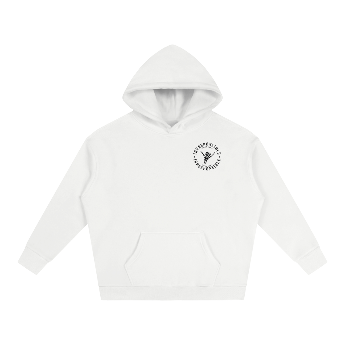 White hoodie with a logo on the chest against a white background